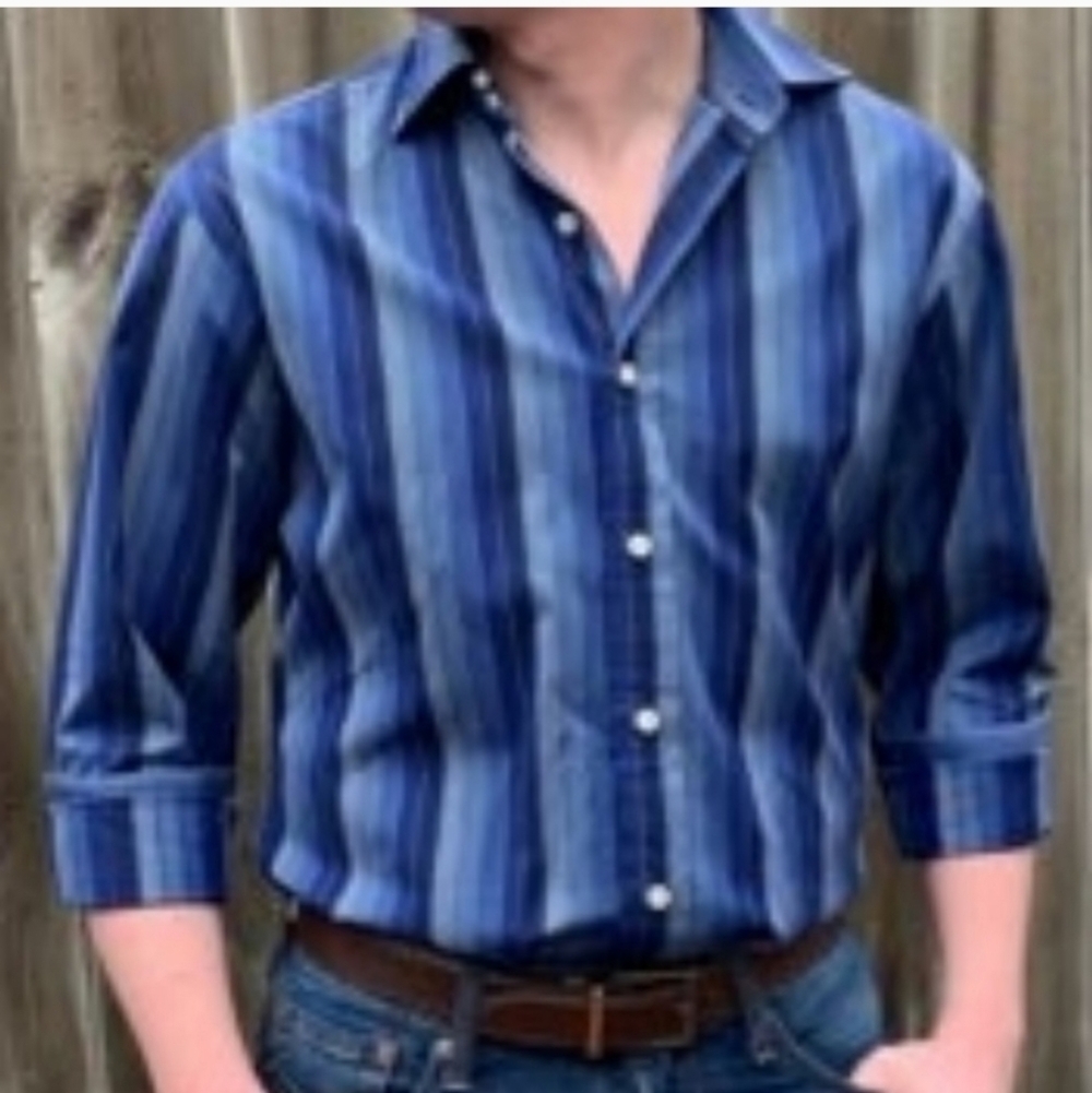 Robert Talbott Blue Striped Dress Shirt Classic Designer Pearl Fall Church - Picture 2 of 9